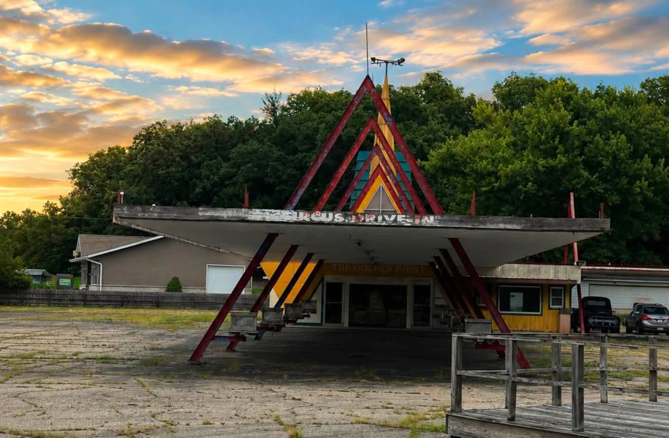 The distinctive triangular Circus Drive-In building beside Highway 51 near Beloit