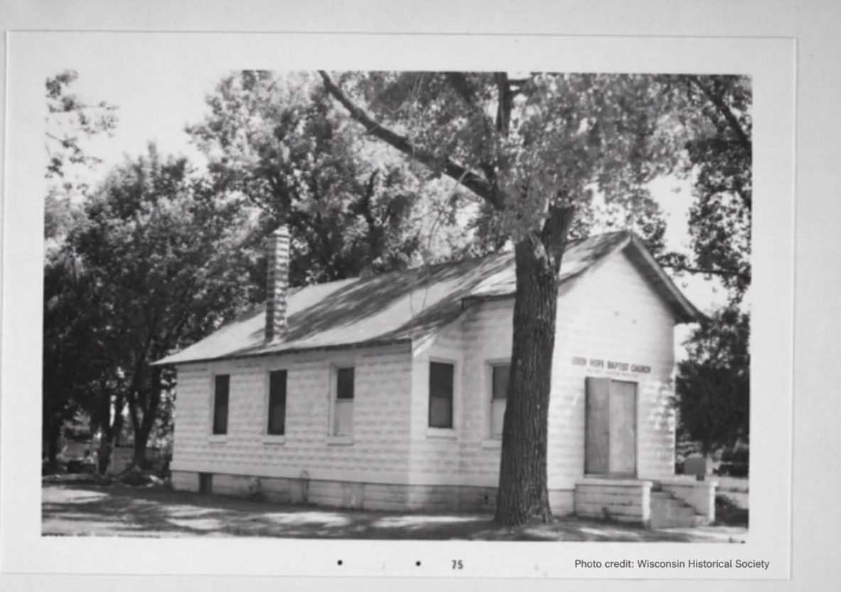 Historic Wisconsin Historical Society photograph of Good Hope Baptist Church before its later steeple and entrance changes