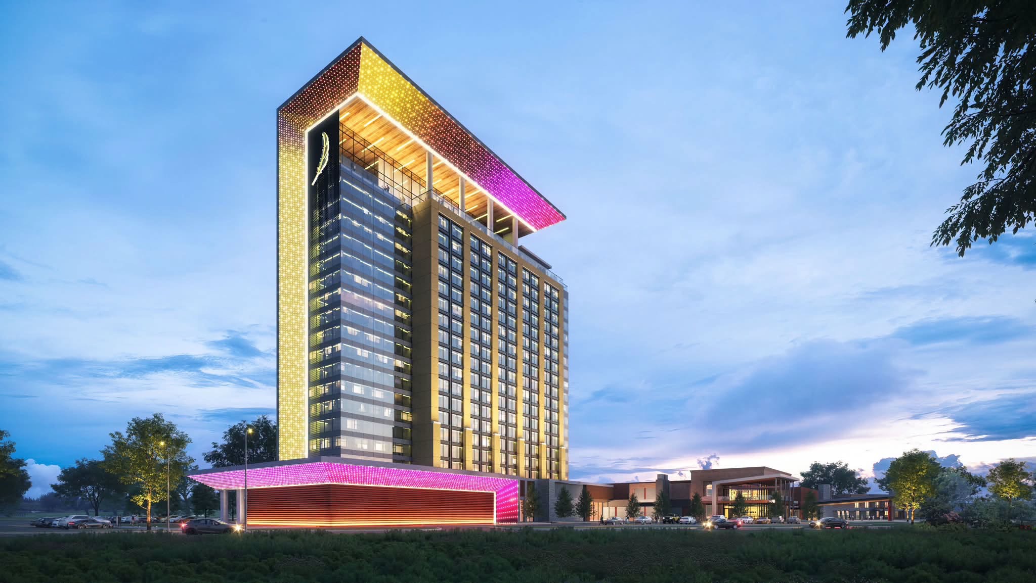 Architectural rendering of the planned Ho-Chunk Gaming Beloit hotel tower at dusk
