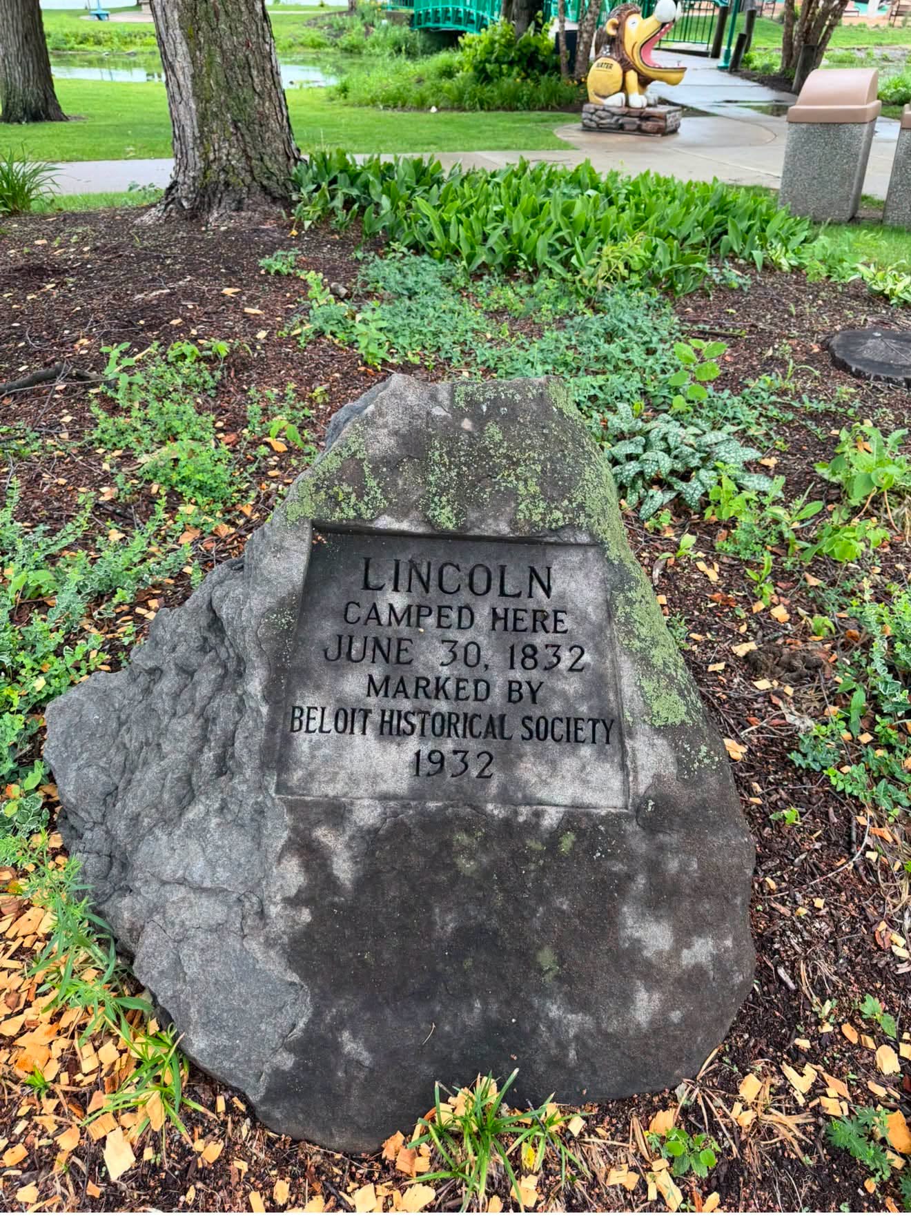 Stone marker noting Abraham Lincoln camped near Beloit on June 30, 1832