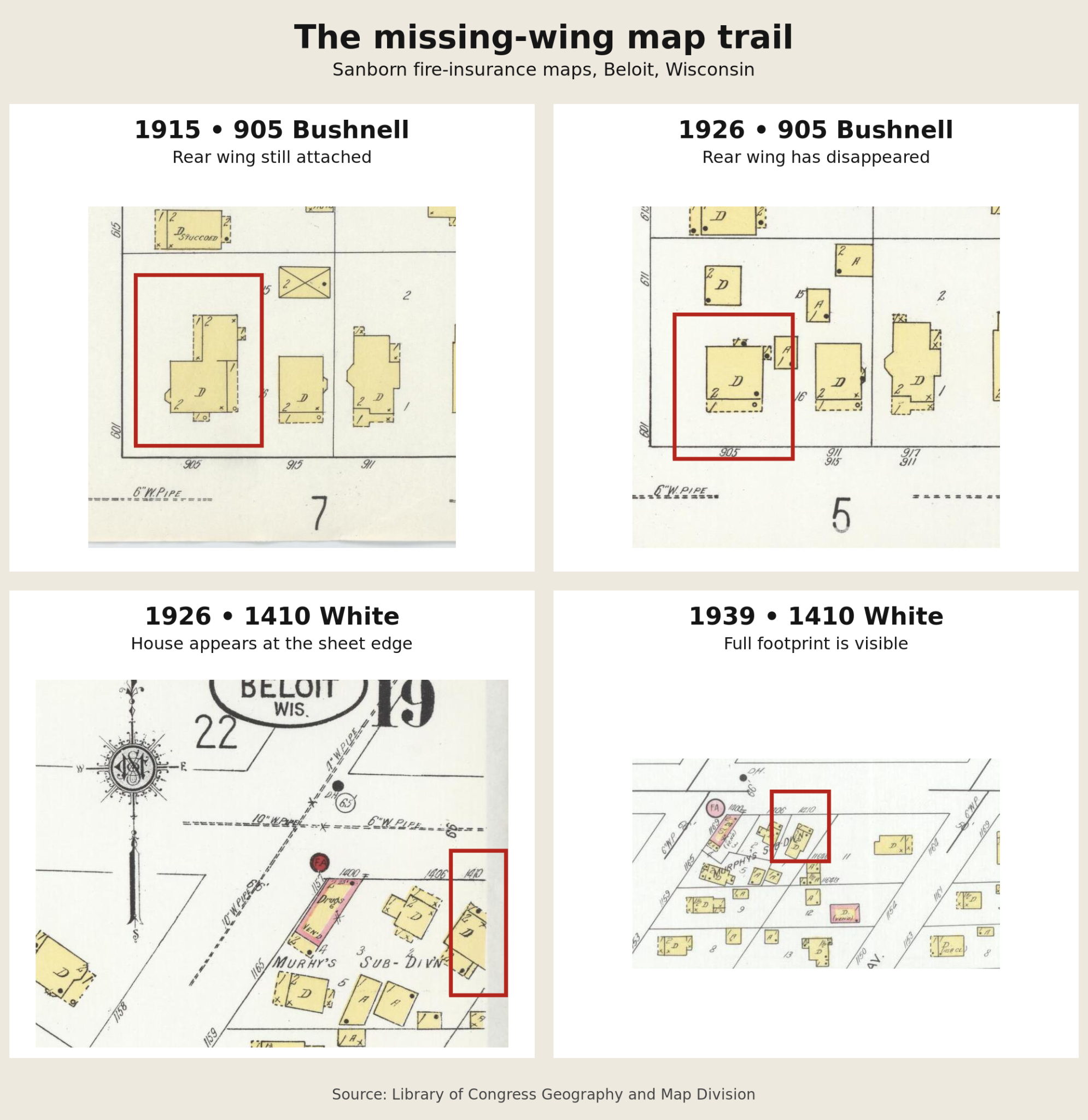Comparison of Sanborn maps showing the rear wing at 905 Bushnell in 1915, its disappearance by 1926, and the house at 1410 White Avenue