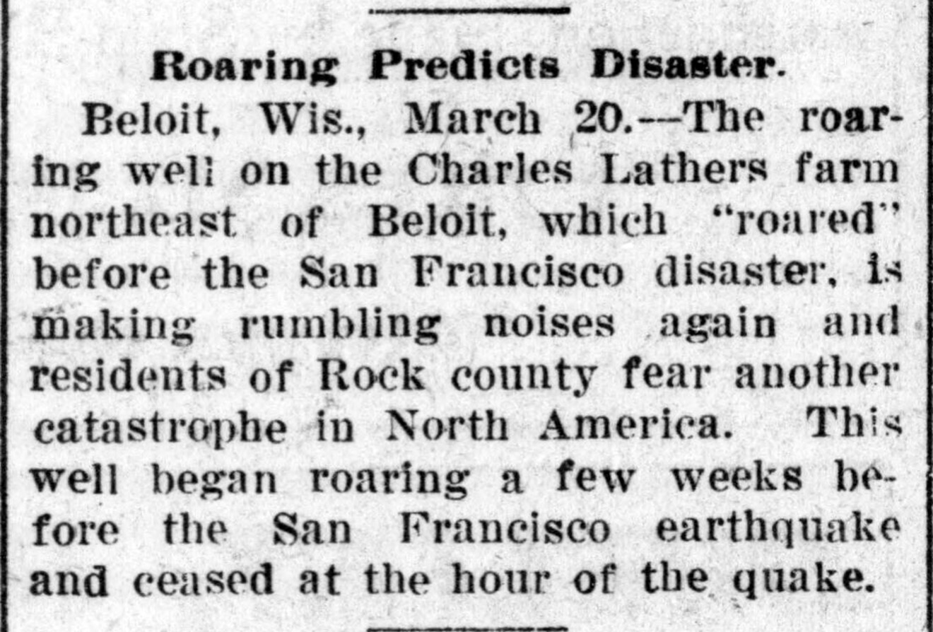 1908 newspaper clipping headlined Roaring Predicts Disaster about the Charles Lathers farm well near Beloit